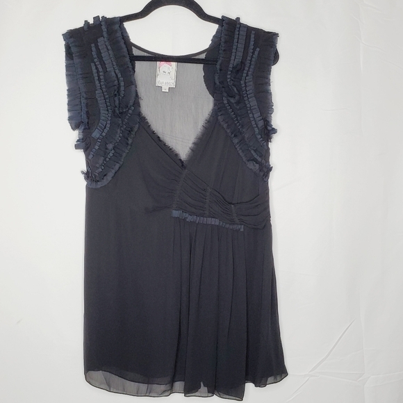 Black Ruffle Trim Babydoll Top Size L Sheer Whimsigoth V-neck Tunic Romantic - Picture 4 of 13